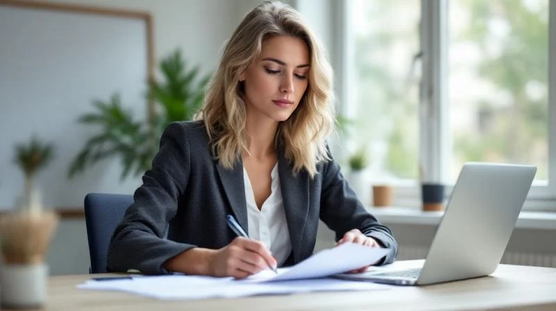 Frau liest Foerderbescheid am Schreibtisch in einem Buero in Gera