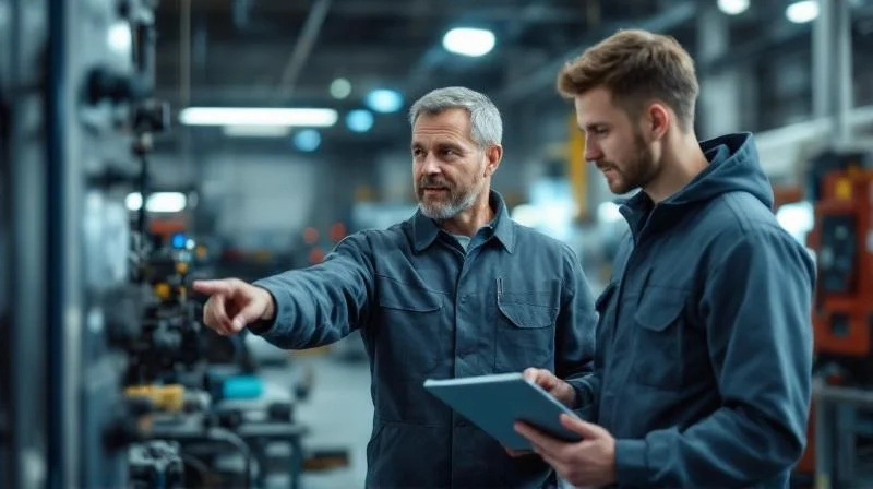 Ausbilder in einem Geraer Industriebetrieb beim Anleiten einer Auszubildenden an einer Werkbank