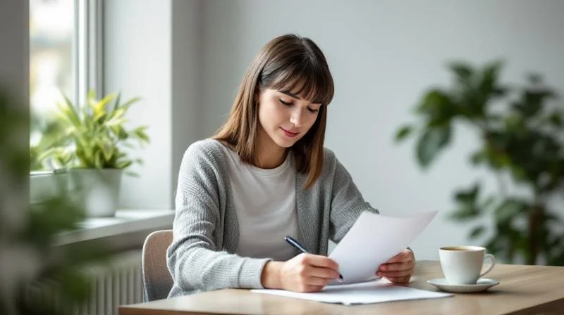 Frau sitzt am Schreibtisch und liest Unterlagen in einer hellen Wohnung in Gera