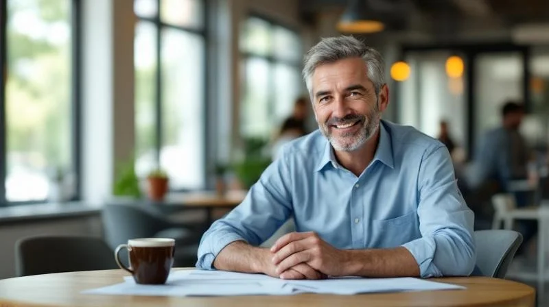 Mann liest Weiterbildungsunterlagen am Tisch in einem modernen Buero in Gera