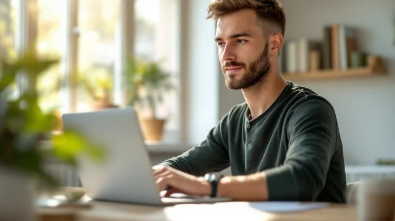 Mann arbeitet konzentriert am Laptop in einem ruhigen Homeoffice in Gera