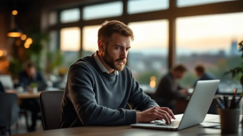 Geraer Angestellter mit Laptop am Fenster mit Blick auf die Stadt Gera in Ostthüringen