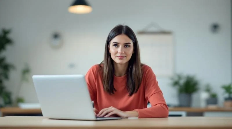 Frau arbeitet an einem Laptop in einem modernen Coworking-Space in Gera
