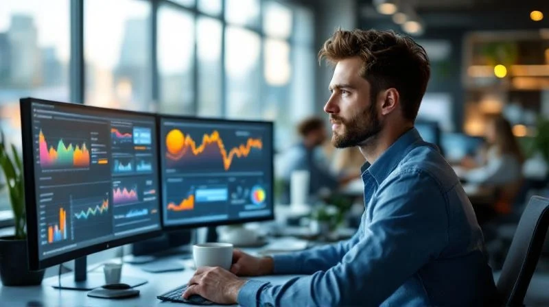 Quereinsteiger in einem Geraer Unternehmen am Arbeitsplatz, arbeitet konzentriert an Dashboards und KI-Tools