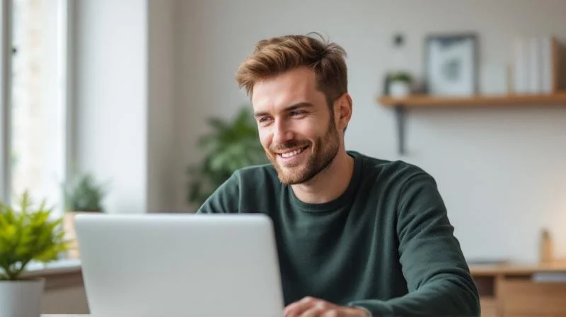 Mann lernt am Laptop in einem hellen Raum mit Blick auf Gera