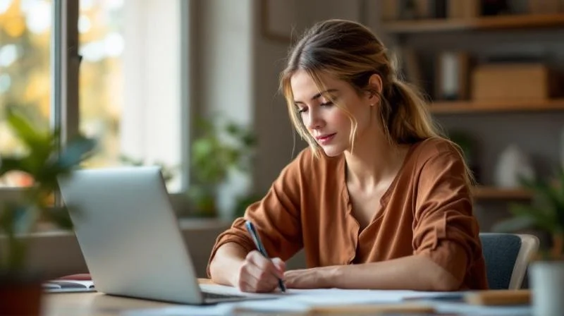 Frau sitzt am Schreibtisch mit Laptop und Notizen in einem hellen Raum in Gera