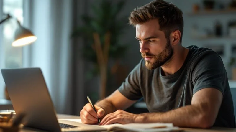 Mann lernt am Laptop fuer den Wirtschaftsfachwirt in einem hellen Arbeitszimmer